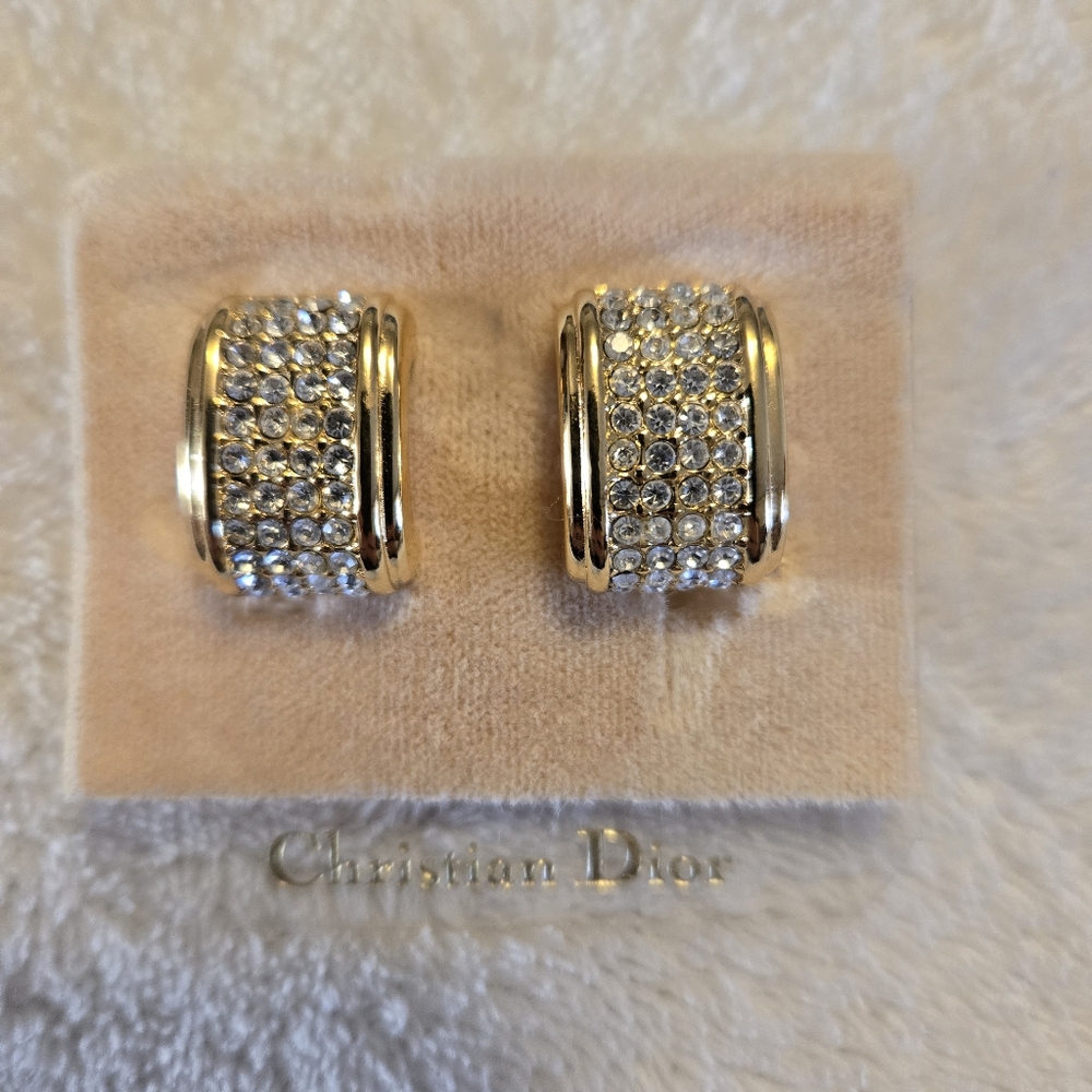 Vintage Christian Dior Gold Tone Half Hoop Clip On Earrings Clear Stones - Picture 3 of 4